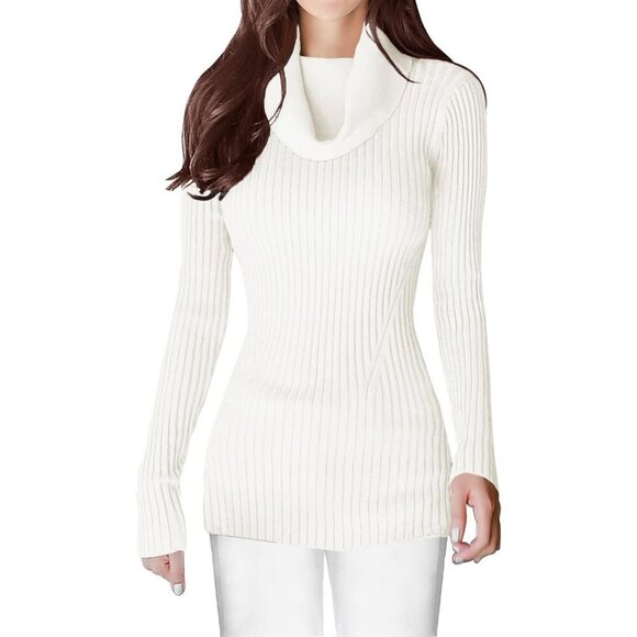 Sweaters - Women’s Cowl Neck White Stretchable Knit Long Sleeve Bodycon Sexy Sweater